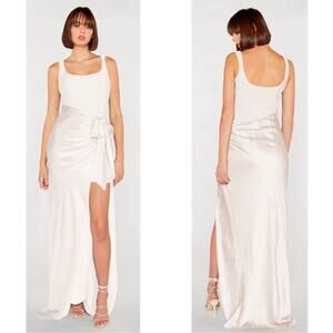 cinq a sept Cream Satin Maxi Dress with Side Tie & High Slit